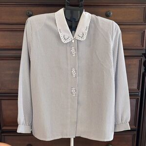Vintage Gold Sun Lady’s Striped Button-Up Blouse with Embellished Collar